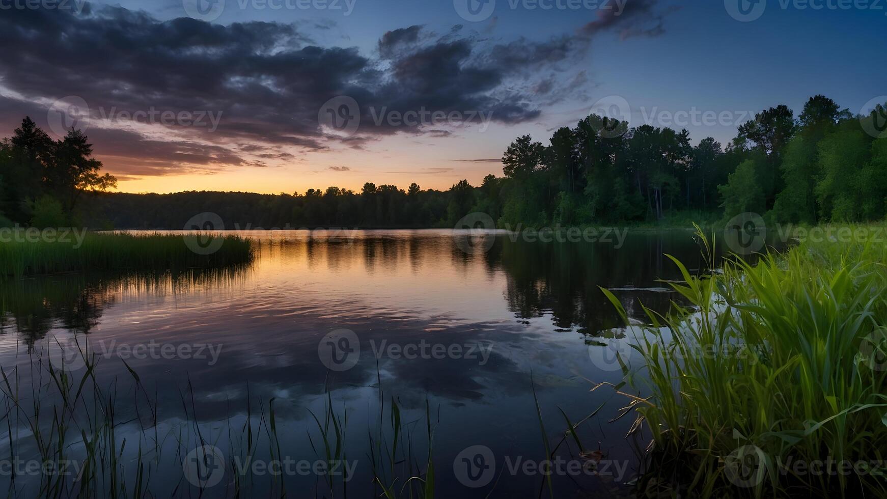 AI generated Twilight Tranquility  Peaceful Lakeside Retreat as Night Falls photo