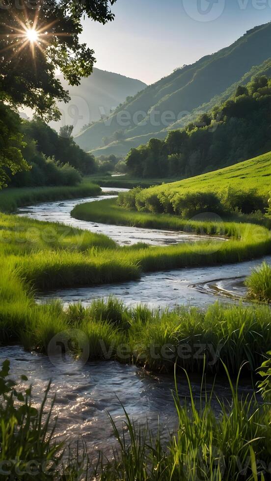 AI generated Tranquil Countryside  Lazy River Meandering Through Green Valleys photo