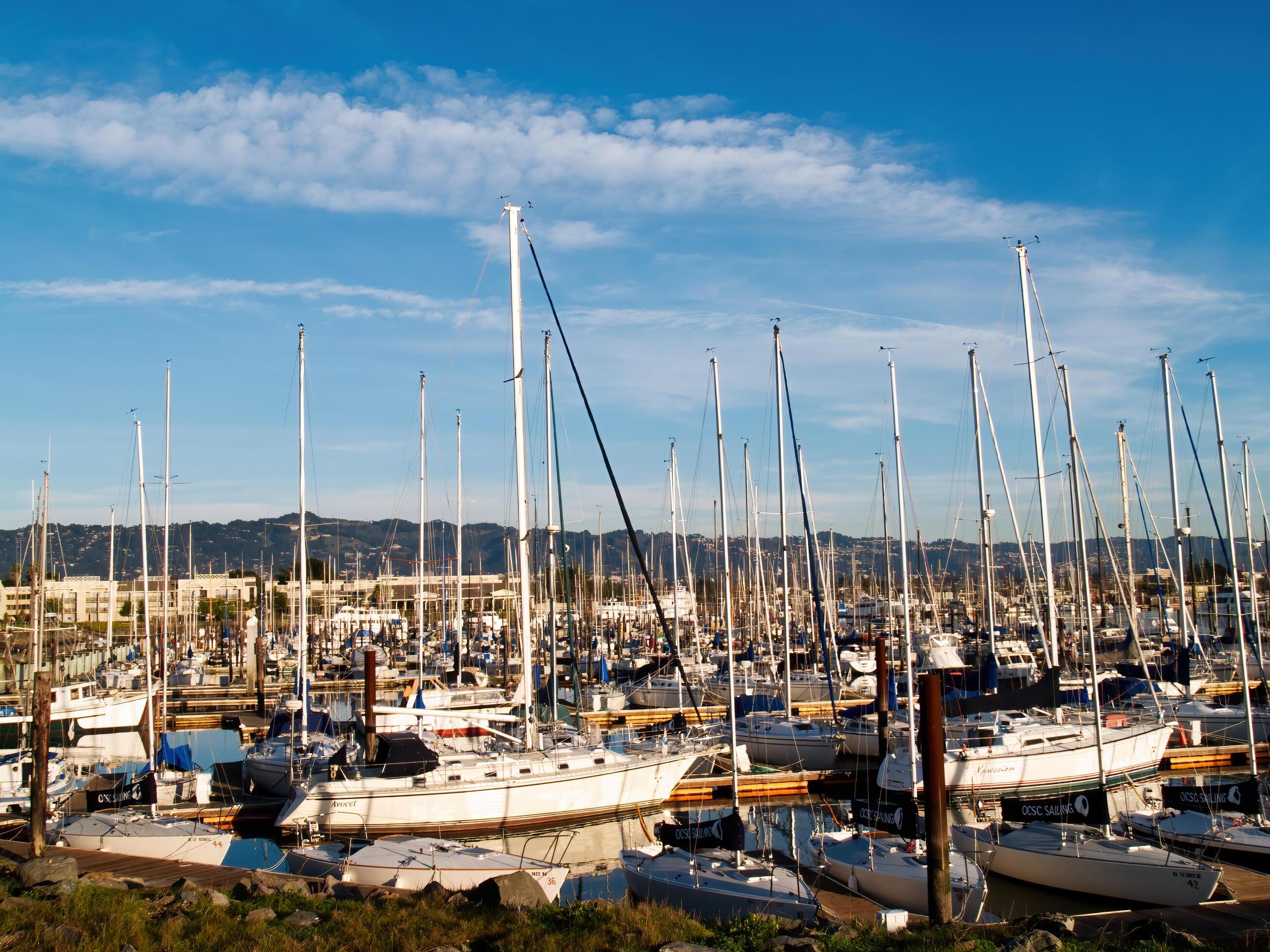 Berkeley, CA, 2007 Boats In Slips At Marina With East Bay Hills In
