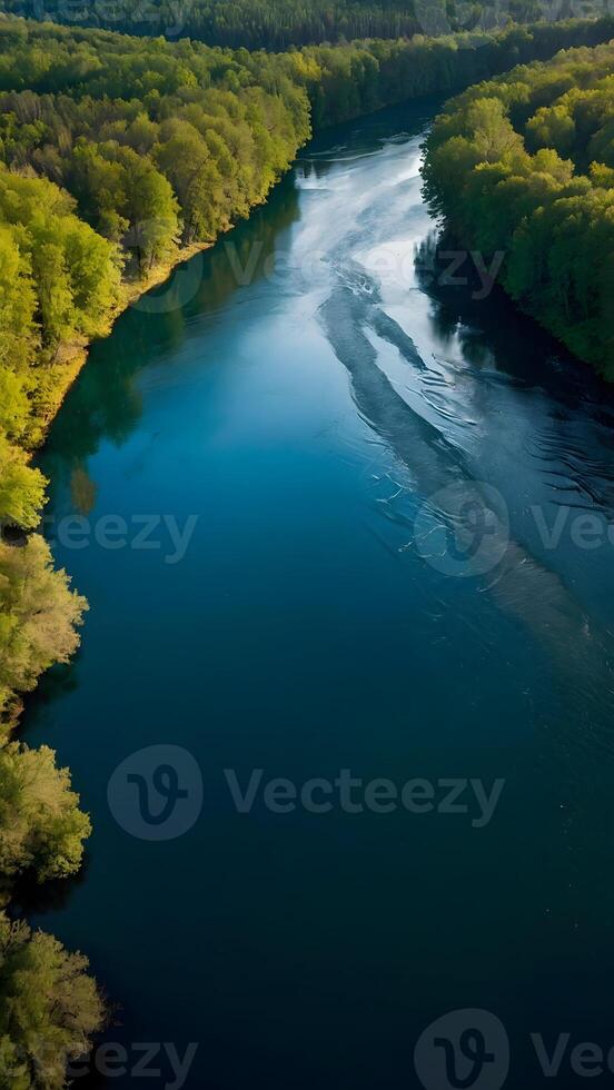 ai generado encantador vías fluviales tranquilo ríos devanado mediante bosques foto