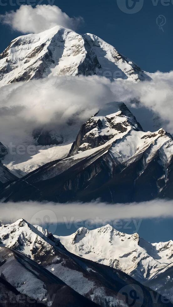 ai generado un montaña rango con nieve tapado picos y nubes foto