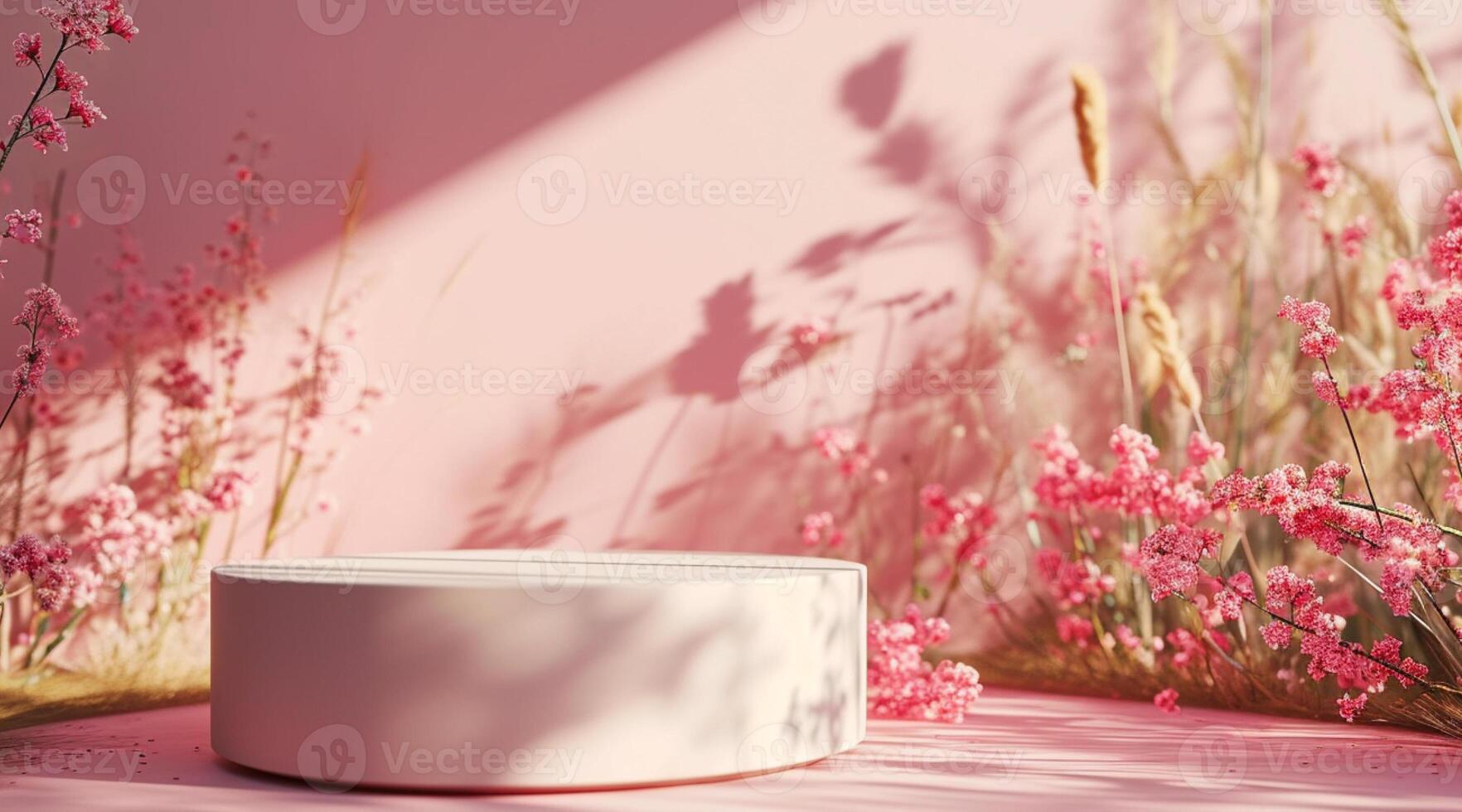 AI generated Floral arrangement with shadows on a pink backdrop, creating a serene, monochromatic setting photo
