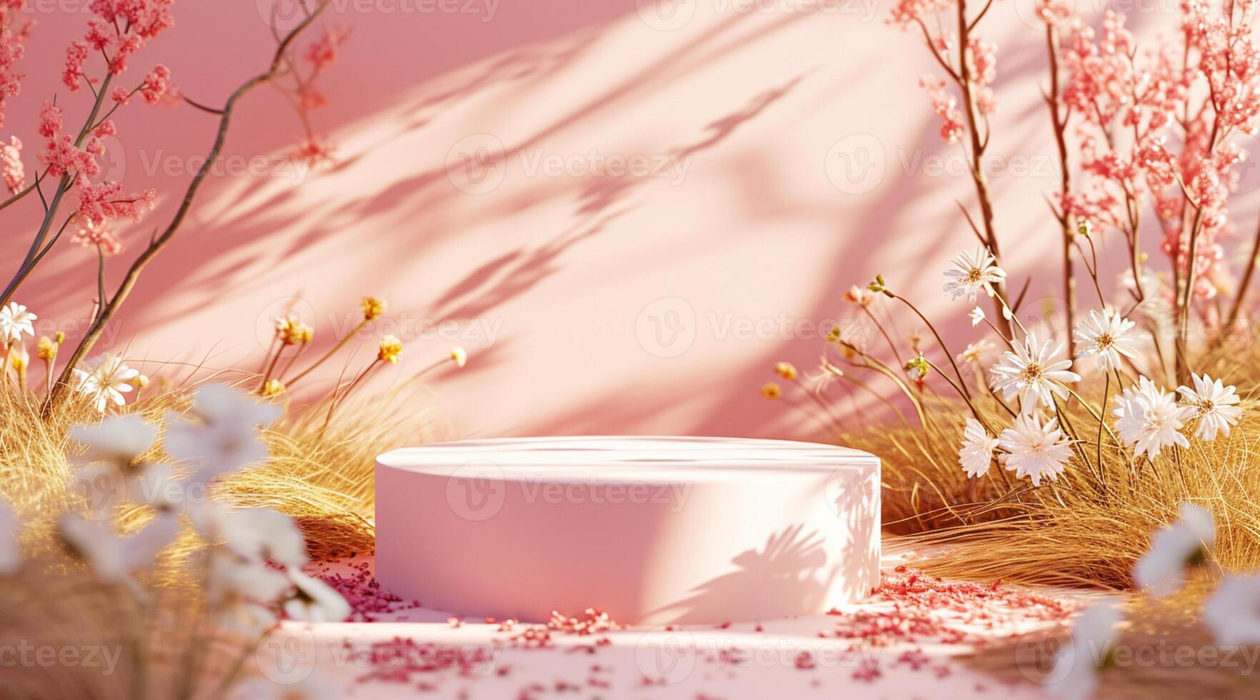 AI generated Floral arrangement with shadows on a pink backdrop, creating a serene, monochromatic setting photo