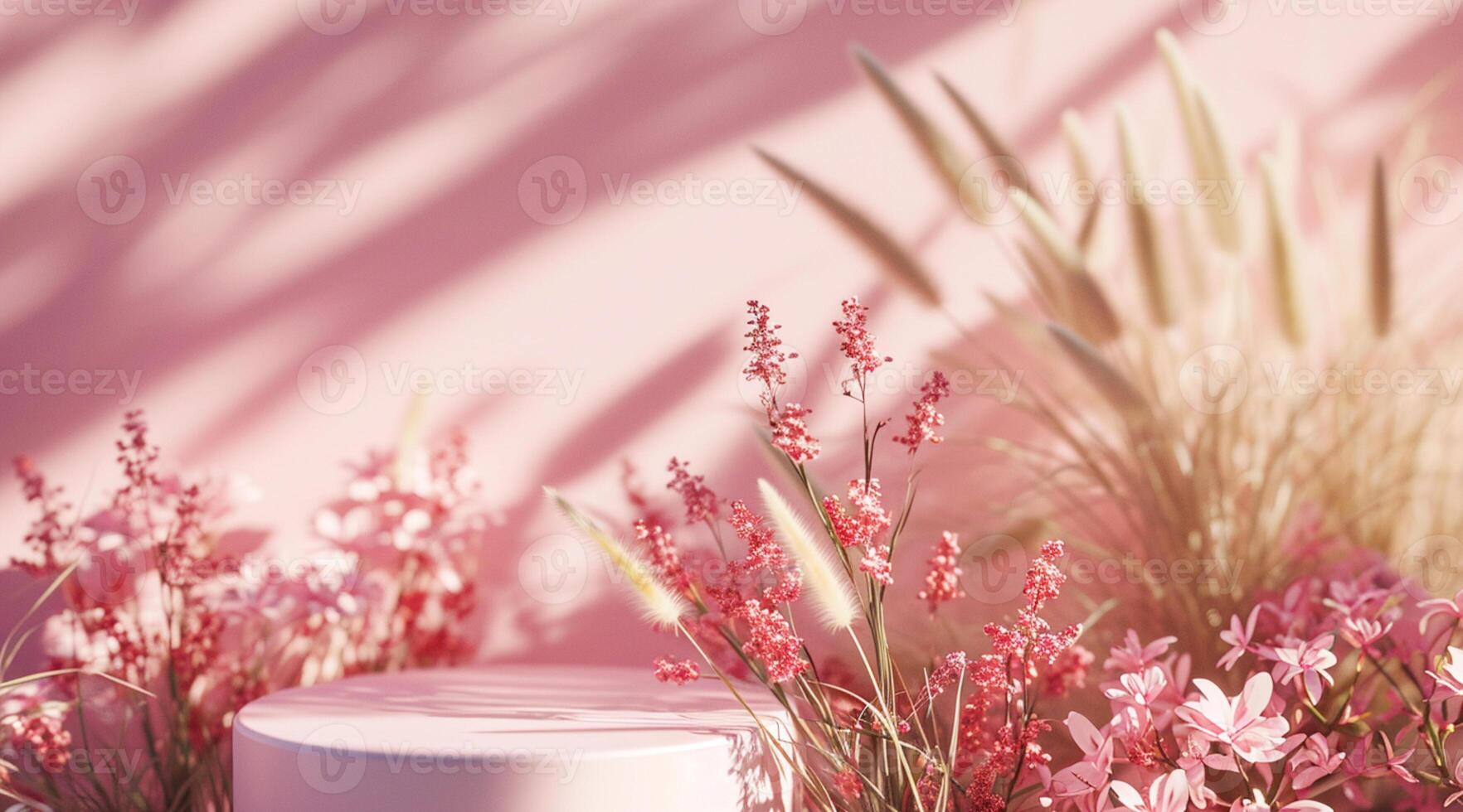 AI generated Floral arrangement with shadows on a pink backdrop, creating a serene, monochromatic setting photo