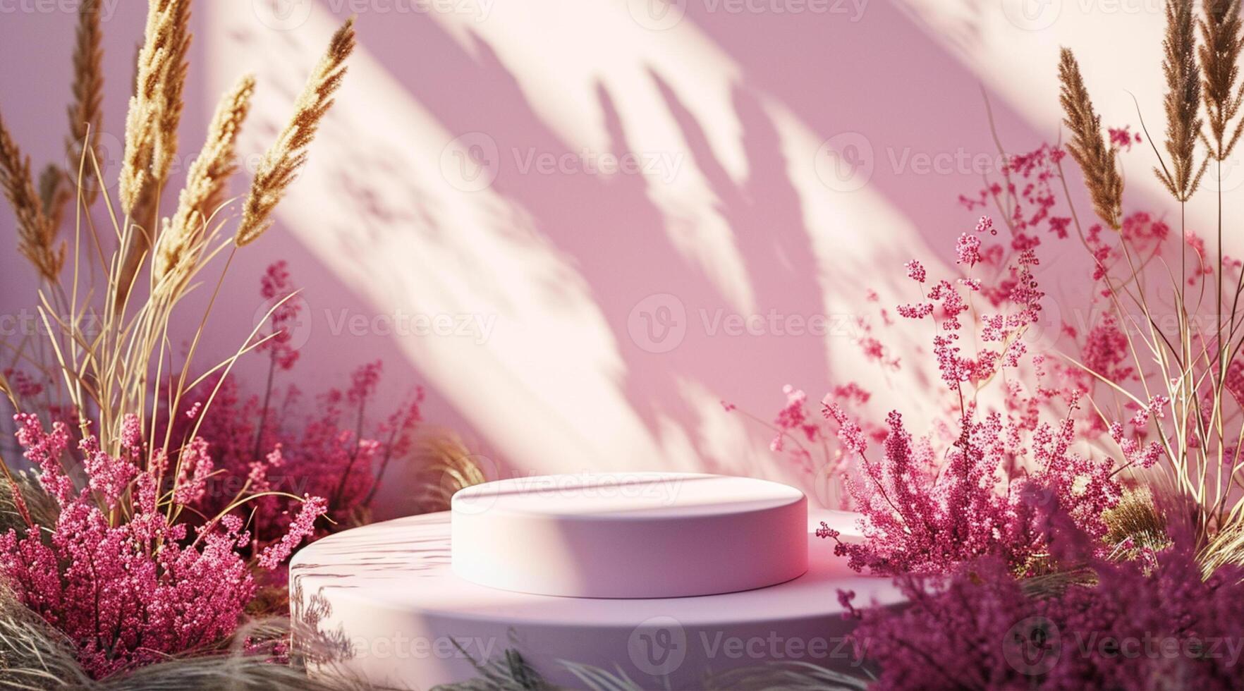 AI generated Floral arrangement with shadows on a pink backdrop, creating a serene, monochromatic setting photo