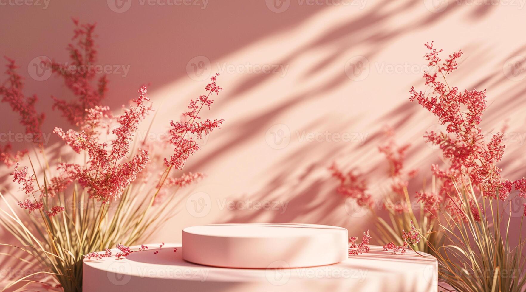 AI generated Floral arrangement with shadows on a pink backdrop, creating a serene, monochromatic setting photo
