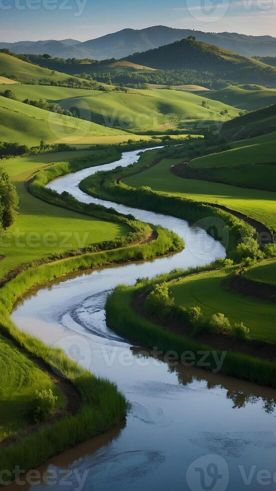 ai generado tranquilo campo perezoso río serpenteante mediante verde valles foto