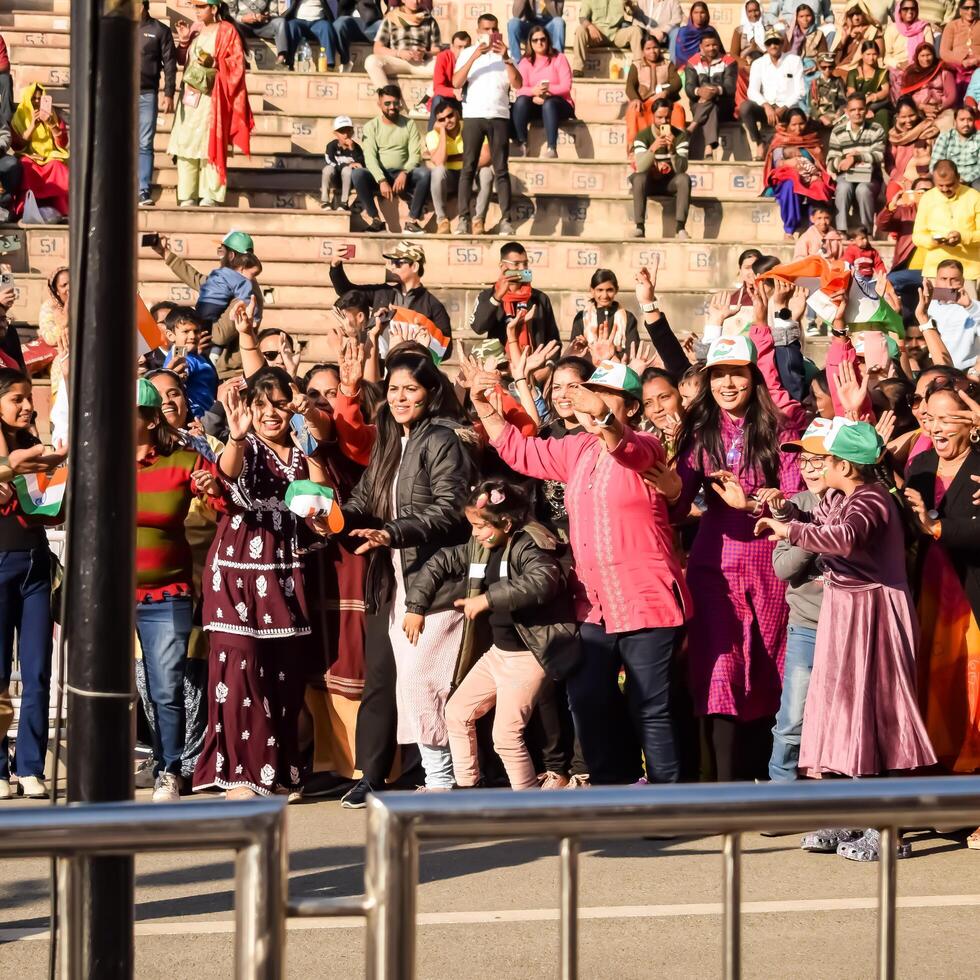 Wagah Border, Amritsar, Punjab, India, 02 February 2023 - Flag ceremony by Border Security Force BSF guards at India-Pakistan border near Attari Amritsar, Punjab, India held every day evening time photo