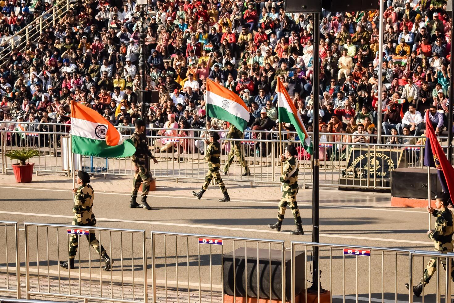 Wagah Border, Amritsar, Punjab, India, 02 February 2023 - Flag ceremony by Border Security Force BSF guards at India-Pakistan border near Attari Amritsar, Punjab, India held every day evening time photo