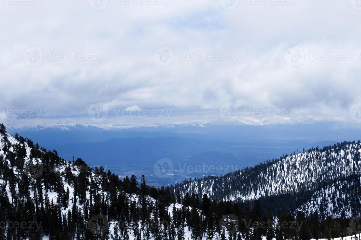 nieve cubierto montañas con arboles y nubes foto