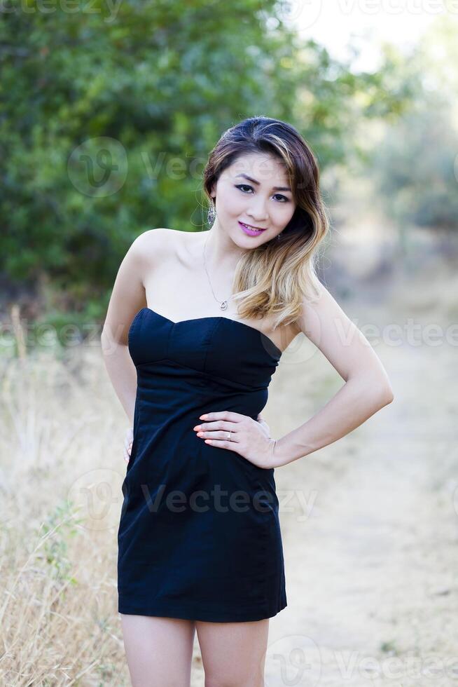 Asian American Woman Black Dress Outdoors Skinny photo