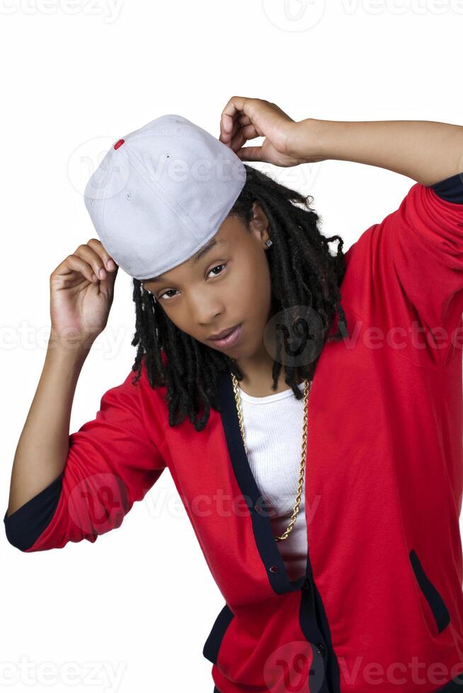 Young Black Woman Baseball Cap Red Shirt photo