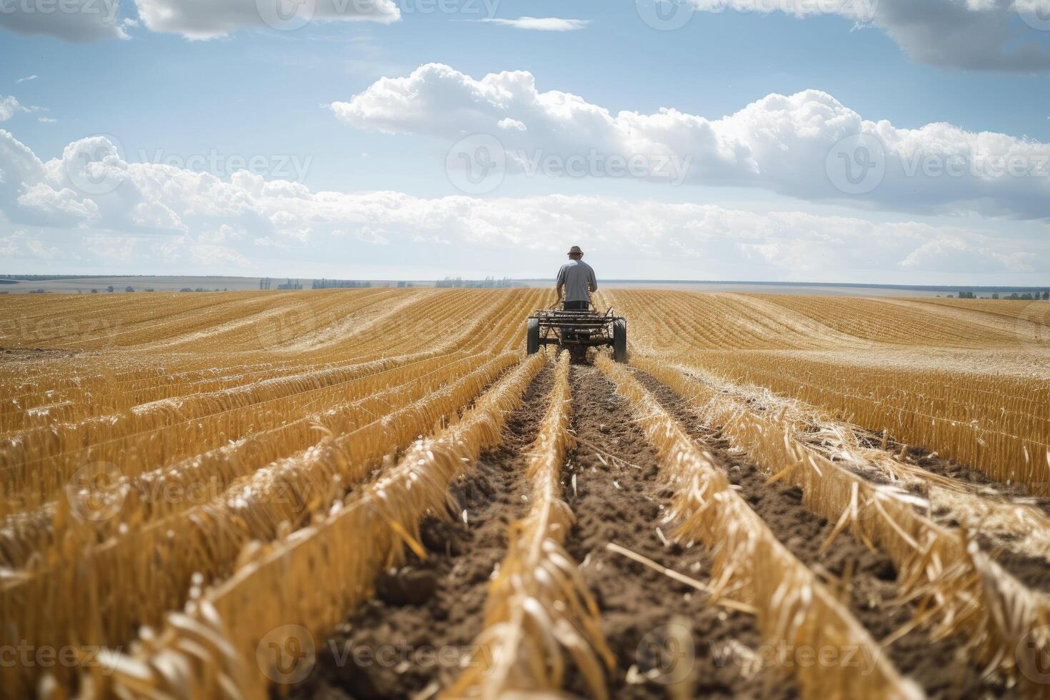 AI generated farmer plowing on the field with a plow photo