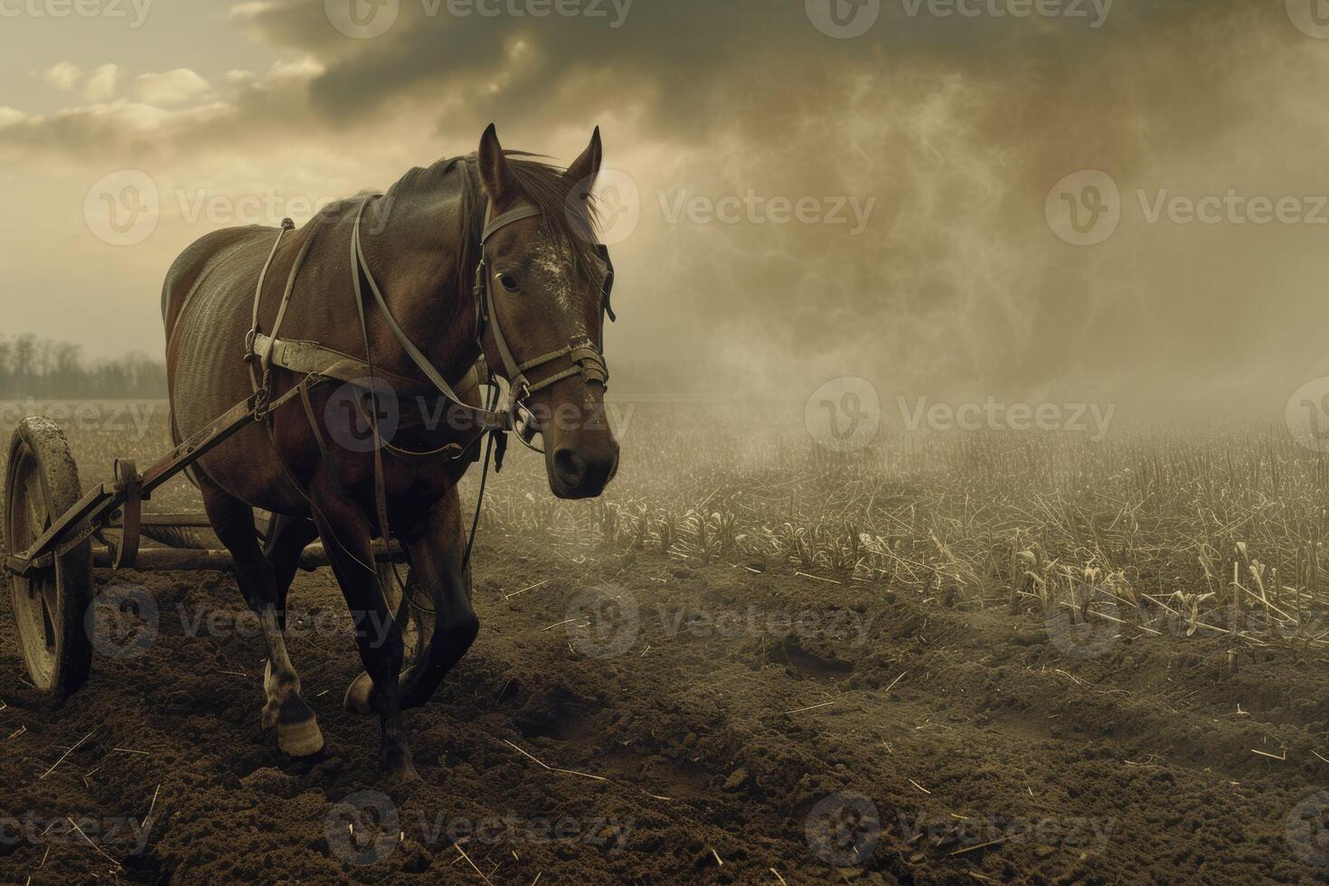 AI generated working horse plowing wheat field with a plough. generative ai photo