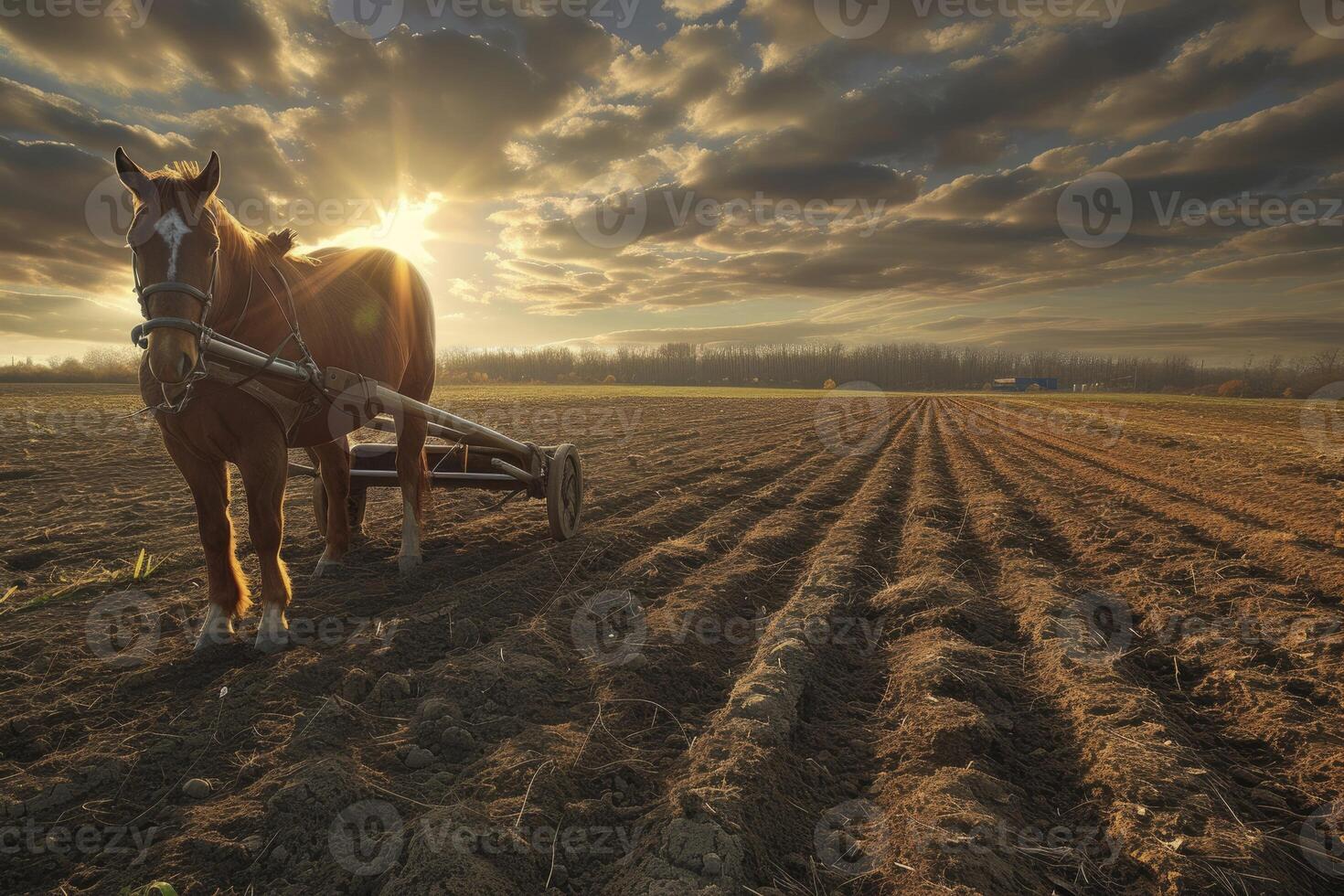 AI generated working horse plowing wheat field with a plough. generative ai photo