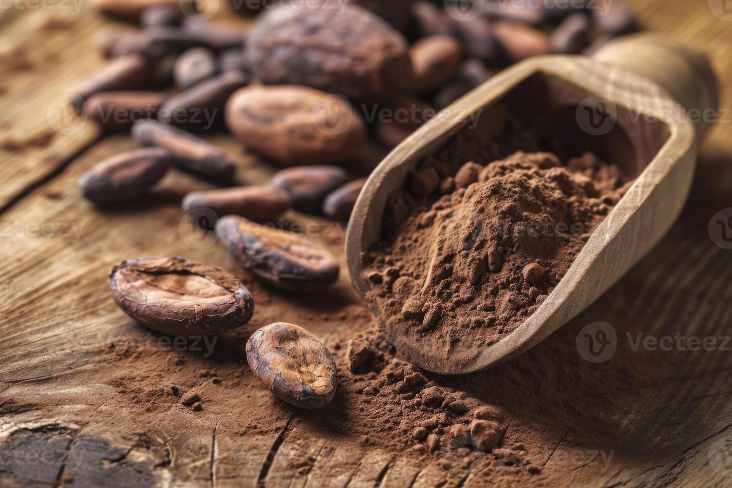 AI generated bowl of cocoa powder with seeds. generative ai photo