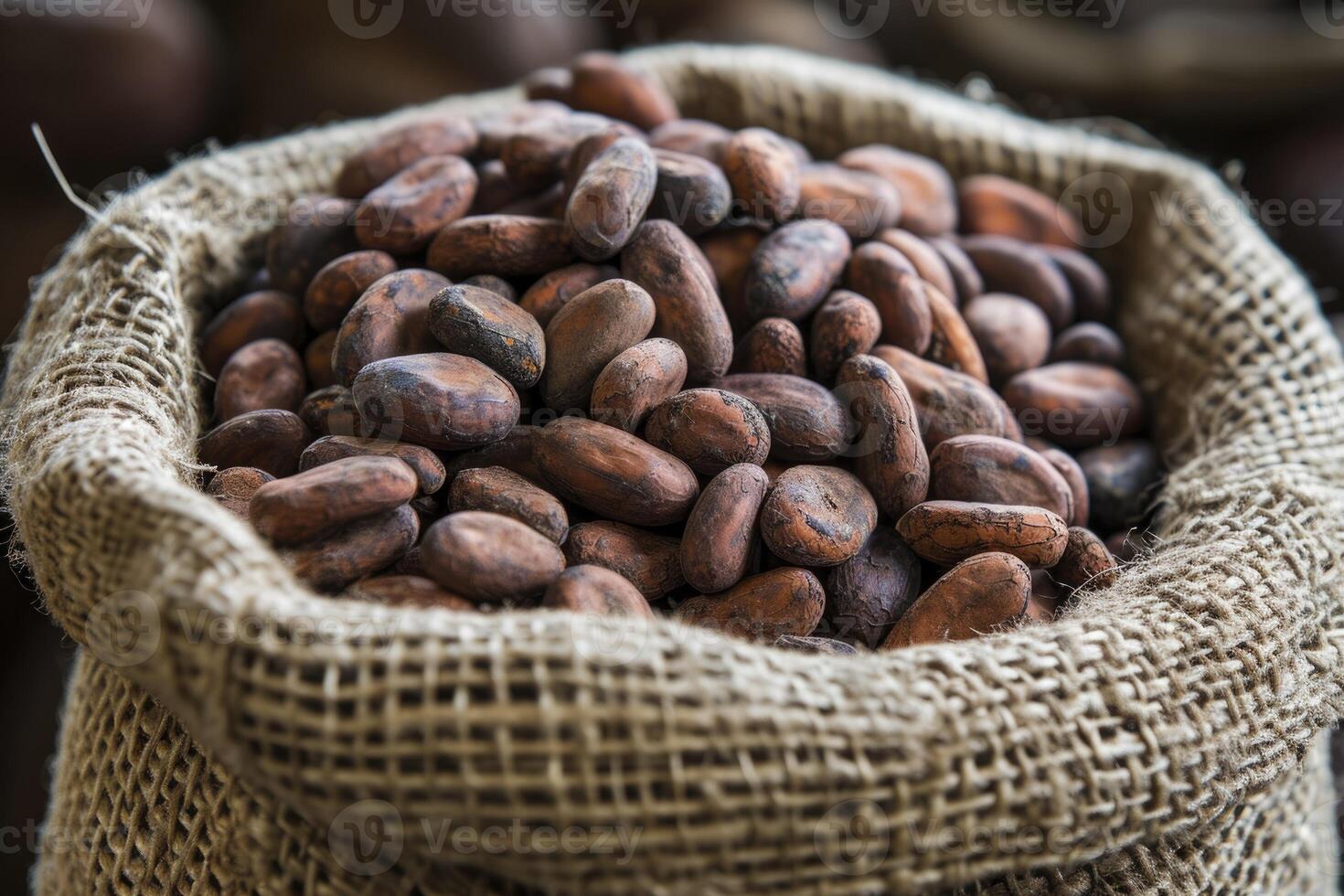 AI generated cocoa beans in a cloth sack. generative ai photo