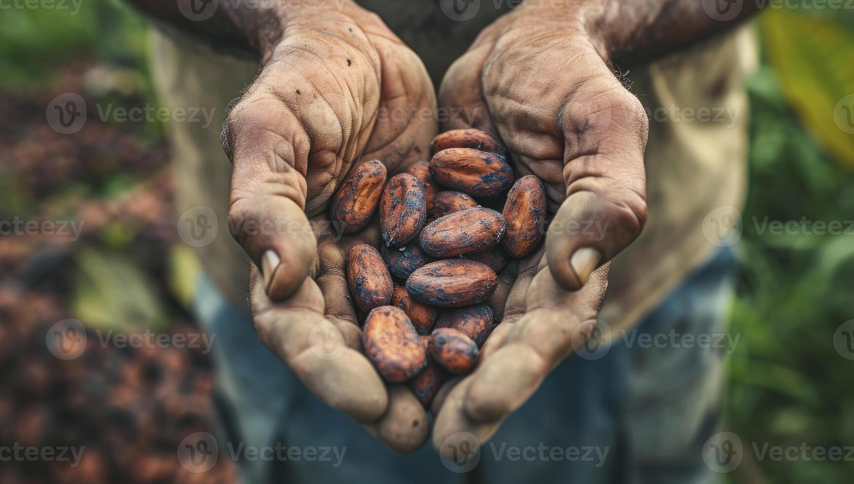 AI generated man holds a handful of cocoa beans. generative ai photo