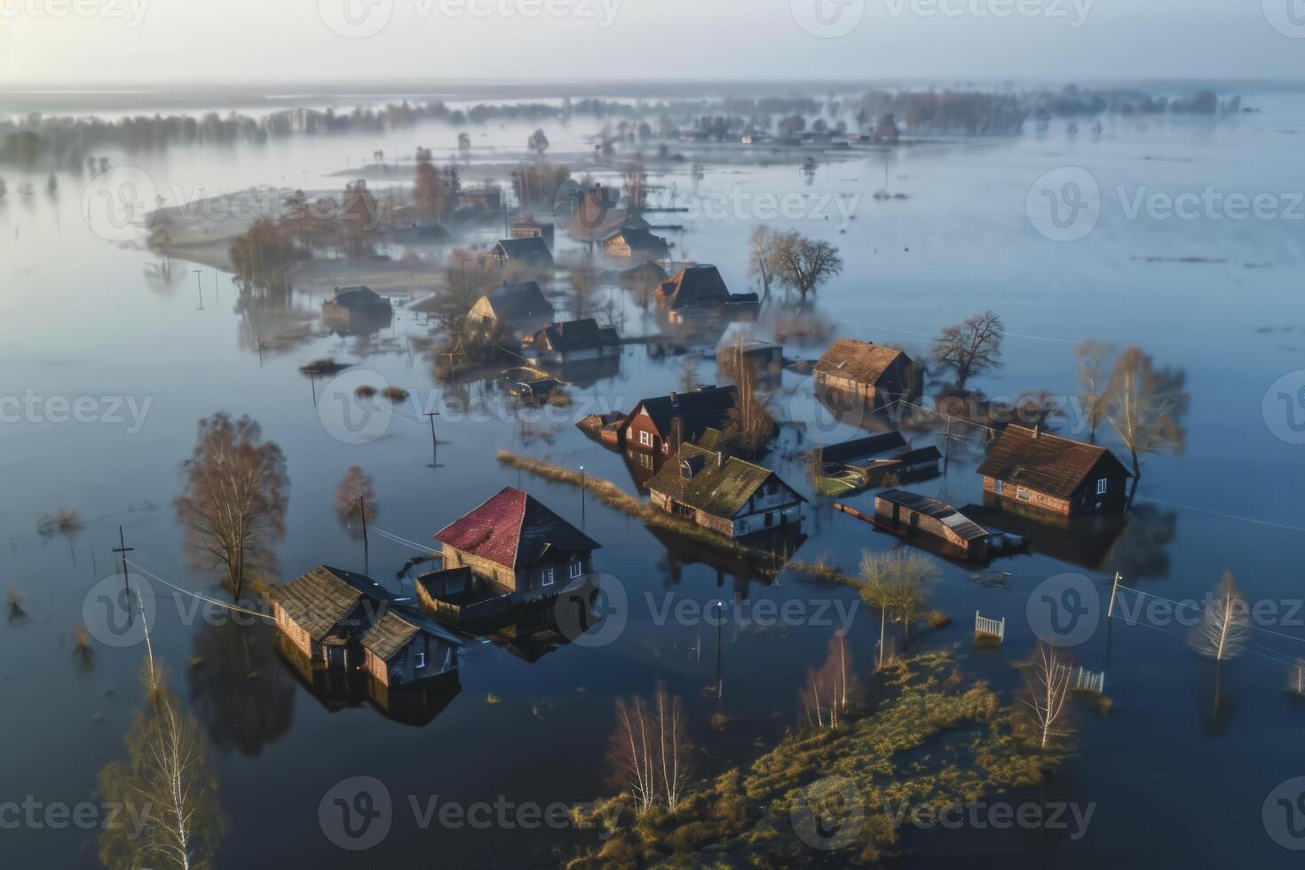AI generated aerial view of a town that has been flooded. generative ai photo