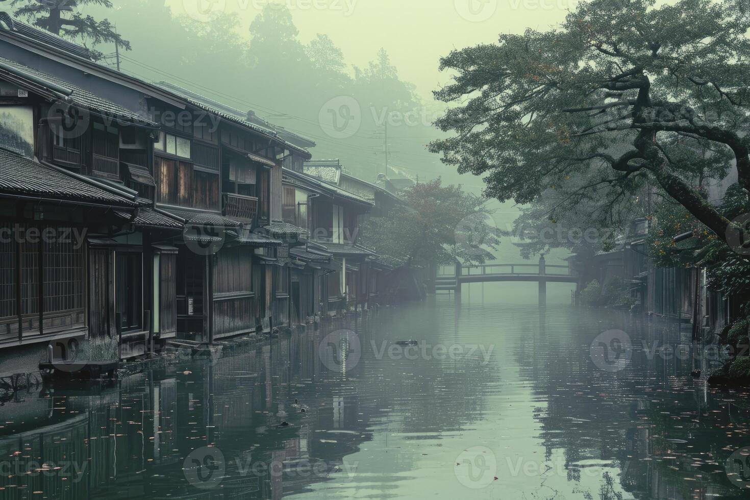 AI generated Japanese village flooded by the rains. generative ai photo
