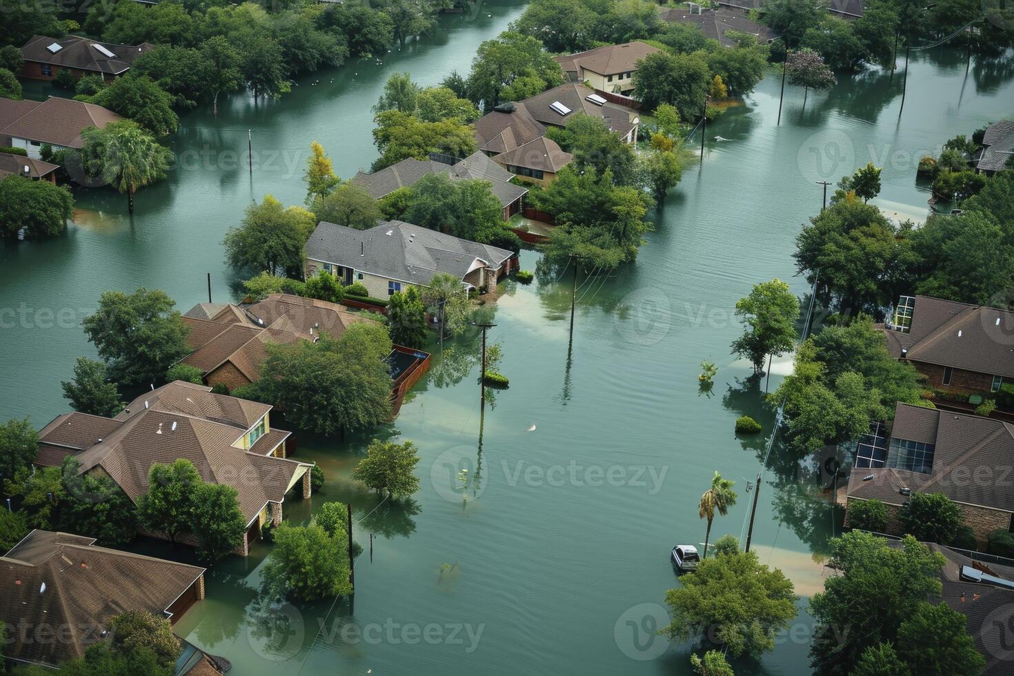 AI generated aerial view of a town that has been flooded. generative ai photo