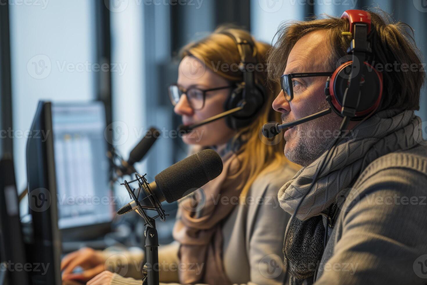 AI generated two radio broadcasters with microphones in a studio. generative ai photo