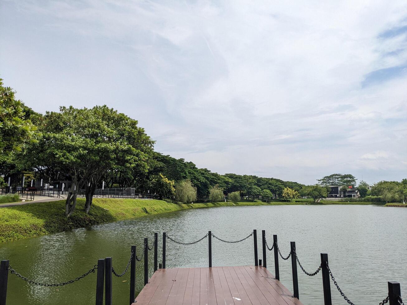 Landscape lake, track and wooden dock on BSB Semarang, Central Java. The photo is suitable to use for traveler content media, holiday background and garden poster.