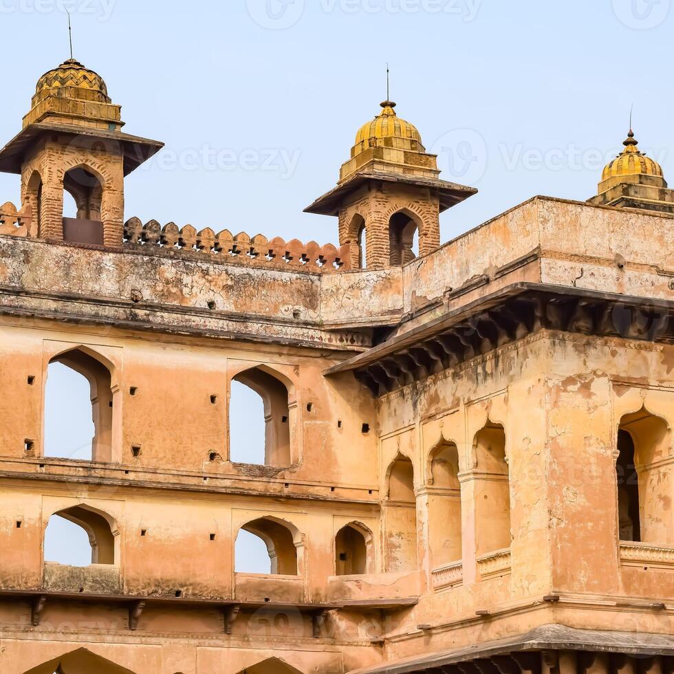 Beautiful view of Orchha Palace Fort, Raja Mahal and chaturbhuj temple from jahangir mahal, Orchha, Madhya Pradesh, Jahangir Mahal - Orchha Fort in Orchha, Madhya Pradesh, Indian archaeological sites photo