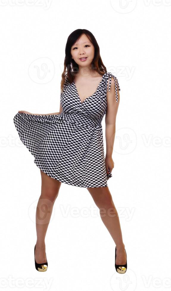 Young Chinese Woman Standing Black And White Dress photo