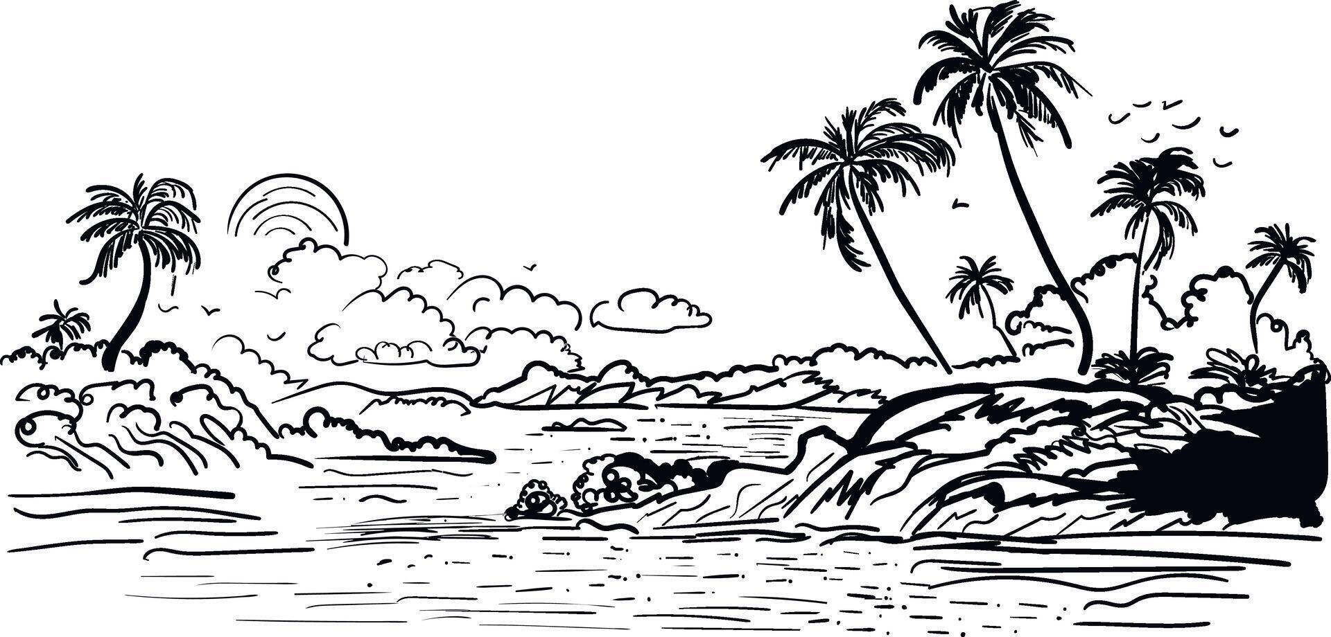 tropical panorámico contorno bosquejo palma arboles mar olas mano dibujado paisaje vector