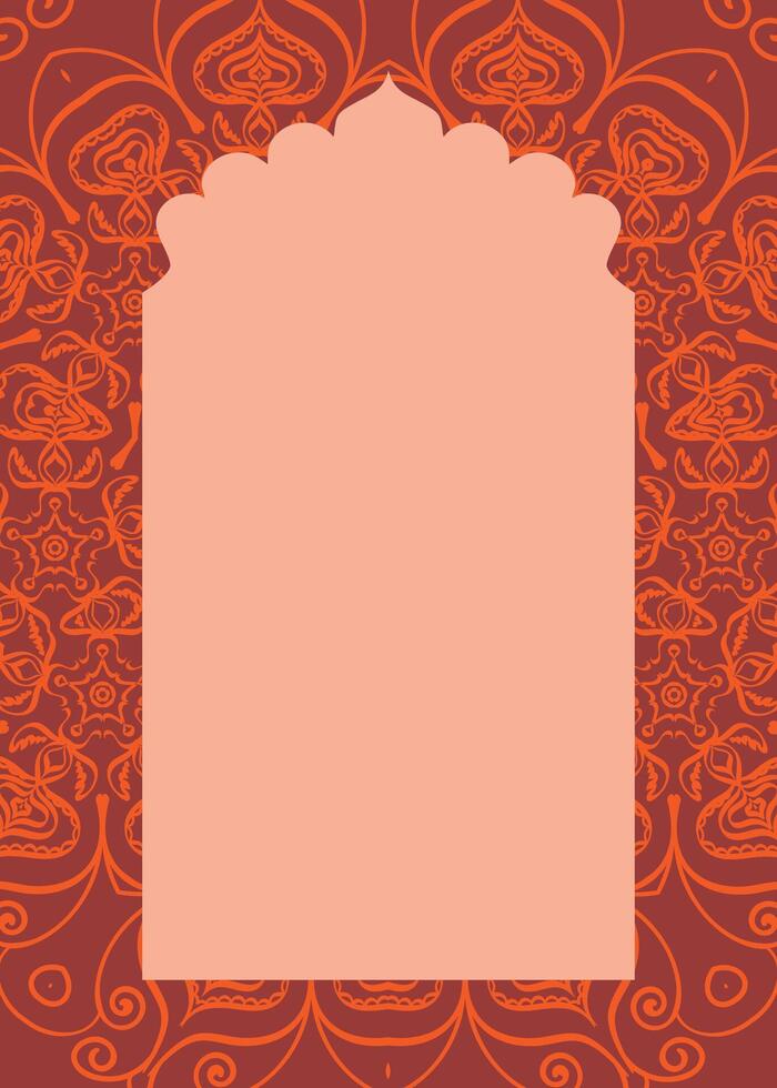 Indian red window frame with floral patterns in Mughal style vector oriental decorative design template, place for text card, wedding invitation