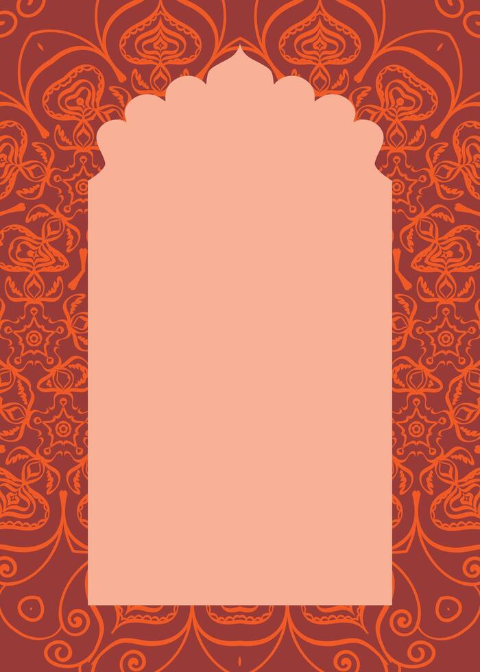 indio rojo ventana marco con floral patrones en Mughal estilo vector oriental decorativo diseño plantilla, sitio para texto tarjeta, Boda invitación