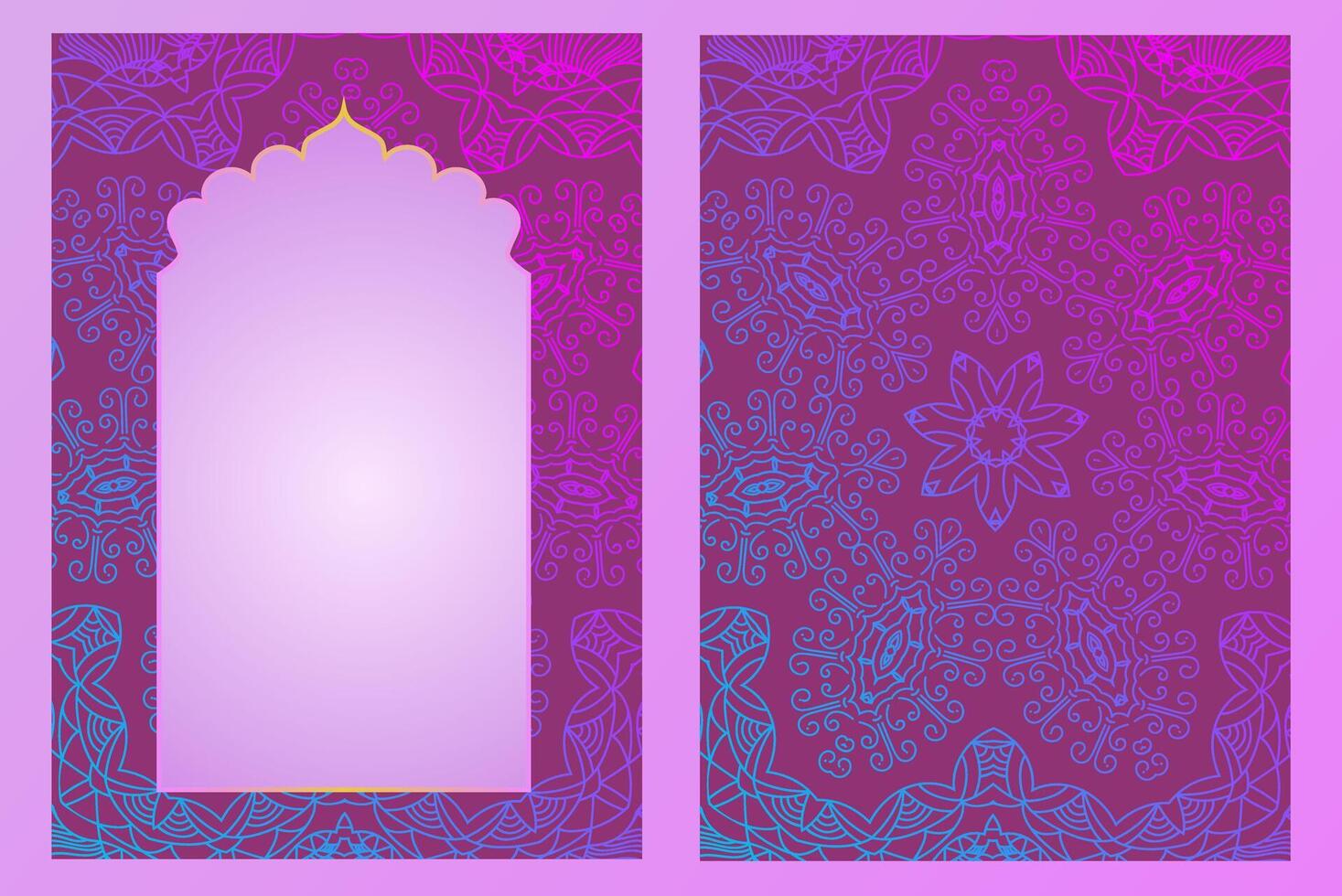 indio lila púrpura ventana en Mughal estilo vector grande desplegado oriental marco diseño plantilla, sitio para texto tarjeta, Boda invitación