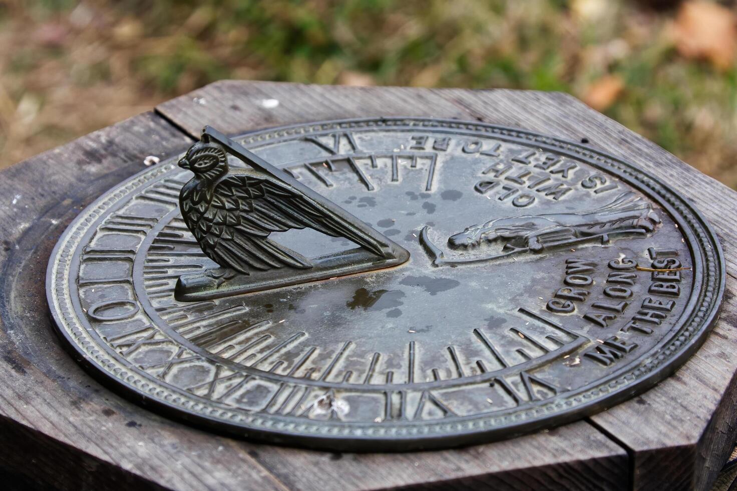Fair Oaks, CA, 2014 - Garden Sundial On Wooden Stand With Bird And Father Time photo