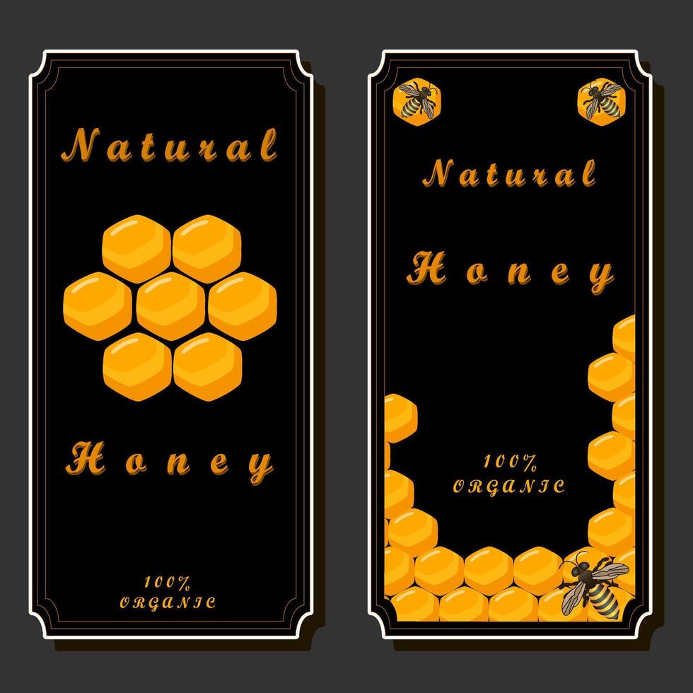 Illustration on theme for label of sugary flowing down honey in honeycomb with bee vector