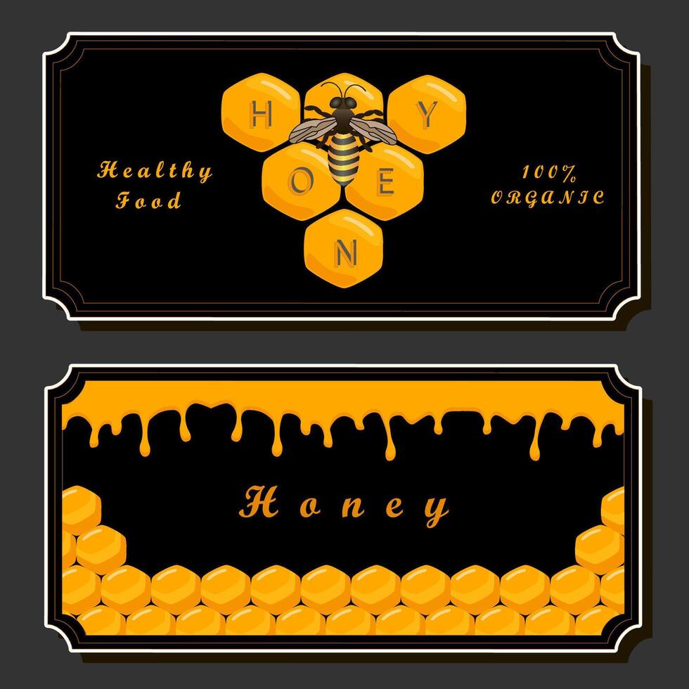 Illustration on theme for label of sugary flowing down honey in honeycomb with bee vector