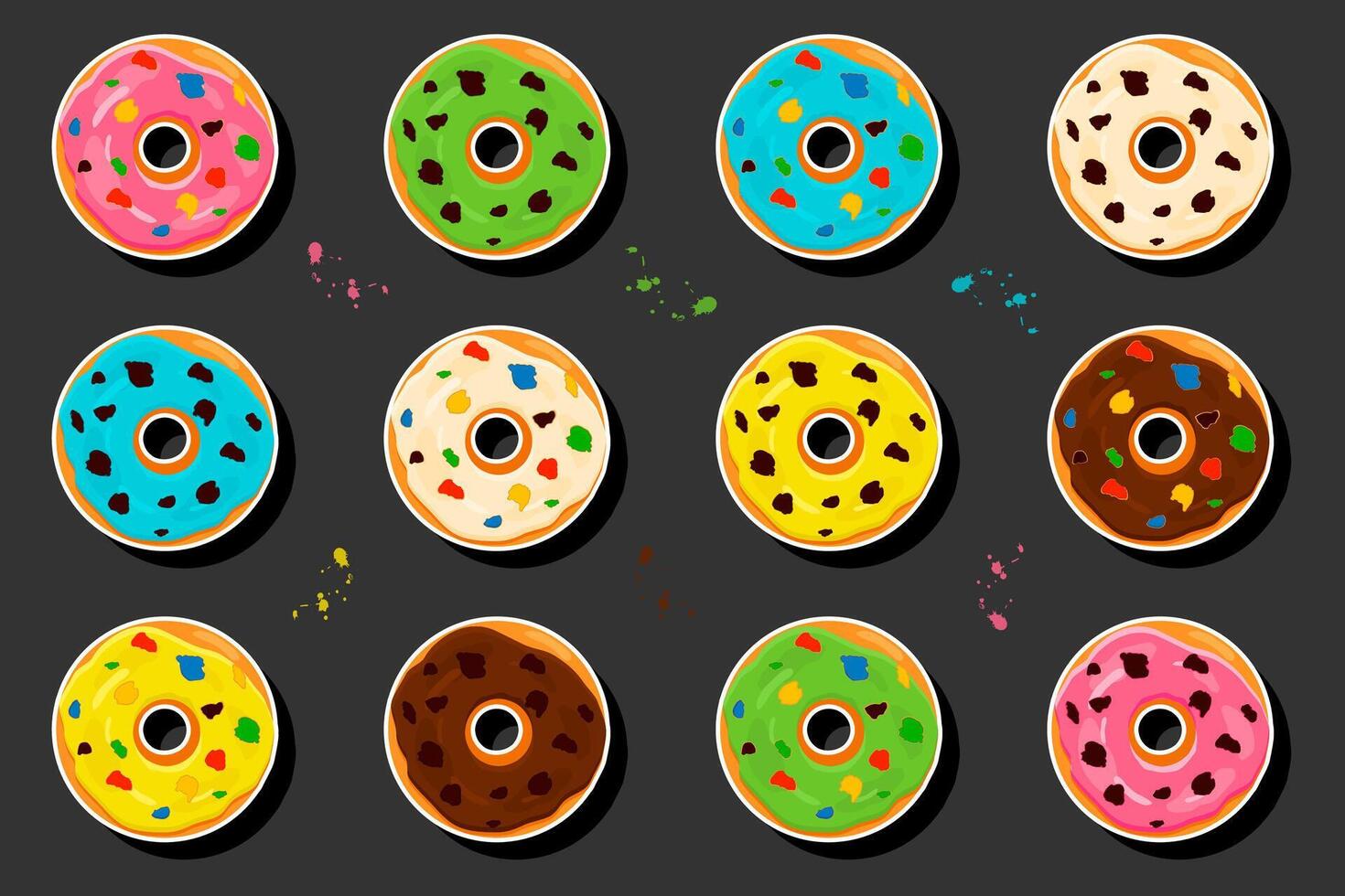 Illustration on theme big set different types sticky donuts, sweet doughnuts various size vector