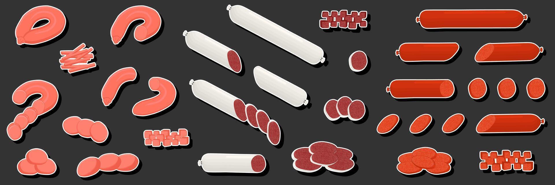 Illustration on theme big set different types delicatessen meat sausages vector