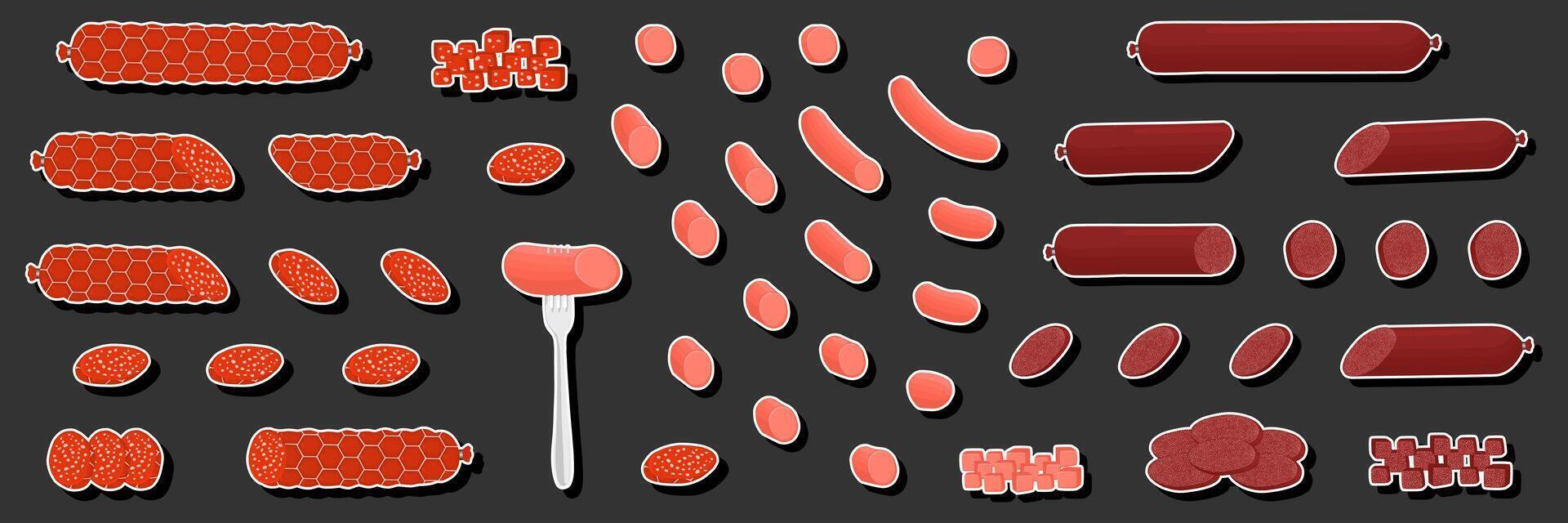 Illustration on theme big set different types delicatessen meat sausages vector