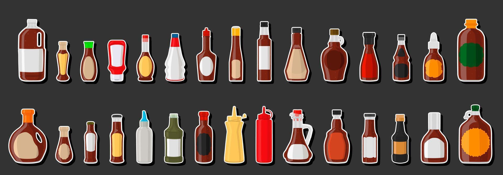 ilustración en kit temático botellas de vidrio variadas llenas de salsa líquida chipotle vector