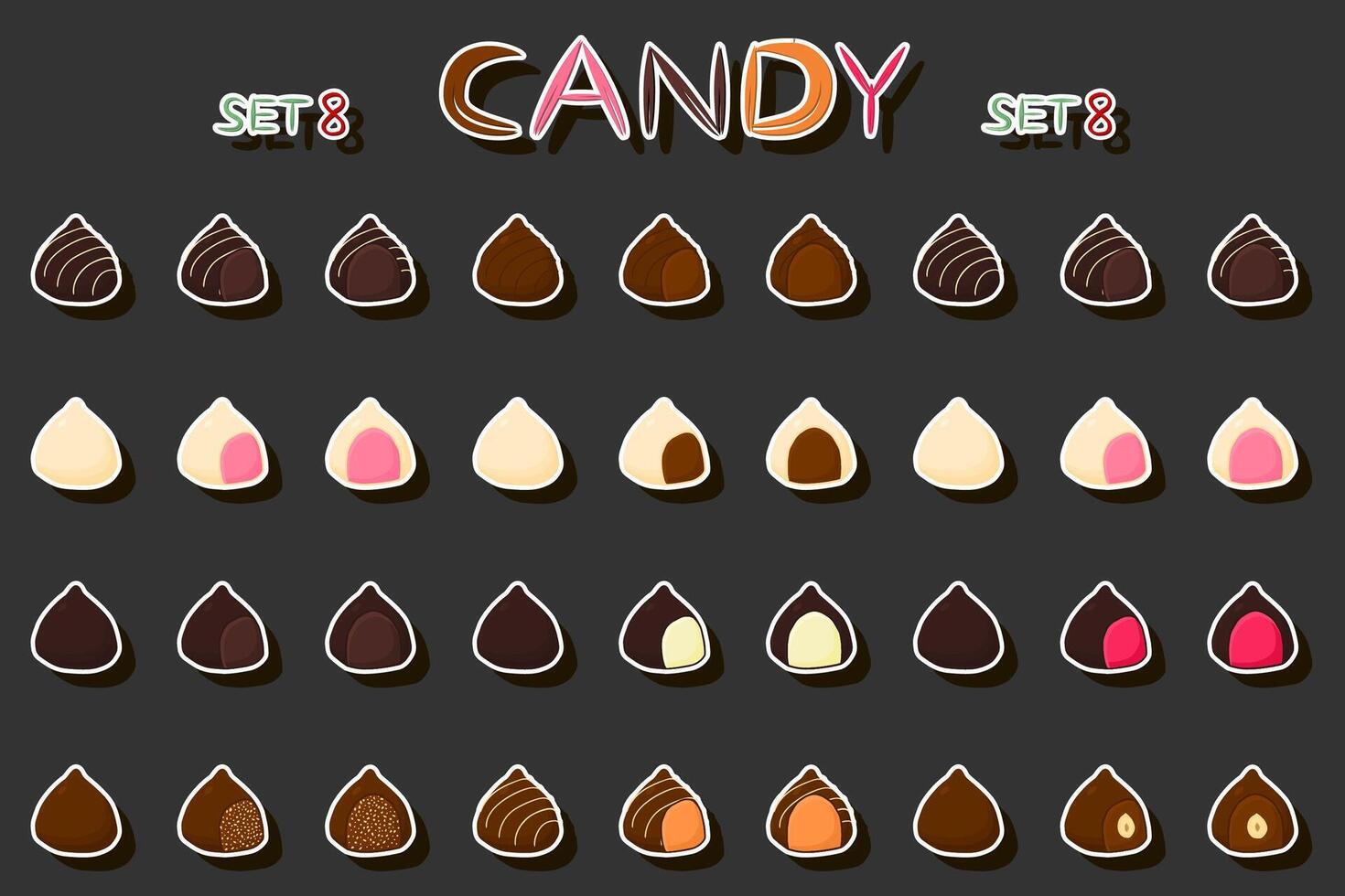 Illustration on theme beautiful big set sweet chocolate candy bonbon vector