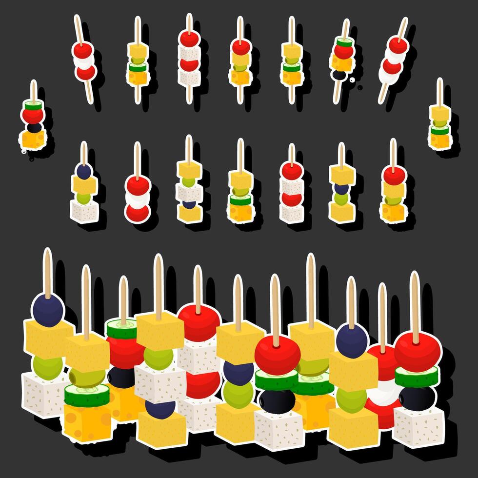 big set various types beautiful tasty canape vector