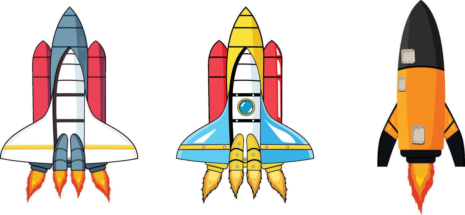 Cartoon rocket space ship take off, isolated vector illustration