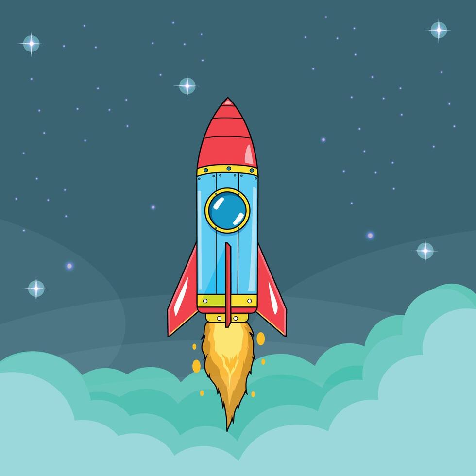 Rocket launch in the sky flying over clouds. Space ship in smoke clouds vector