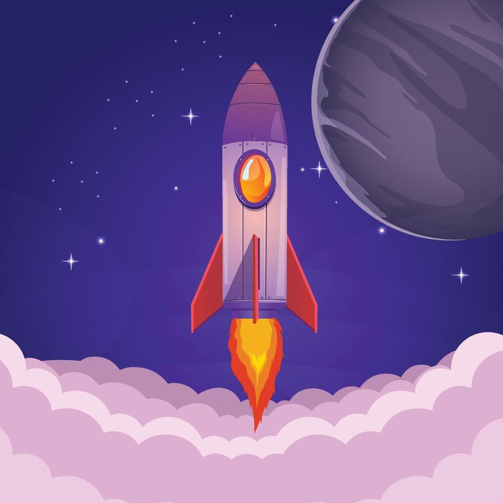 Rocket launch in the sky flying over clouds. Space ship in smoke clouds vector