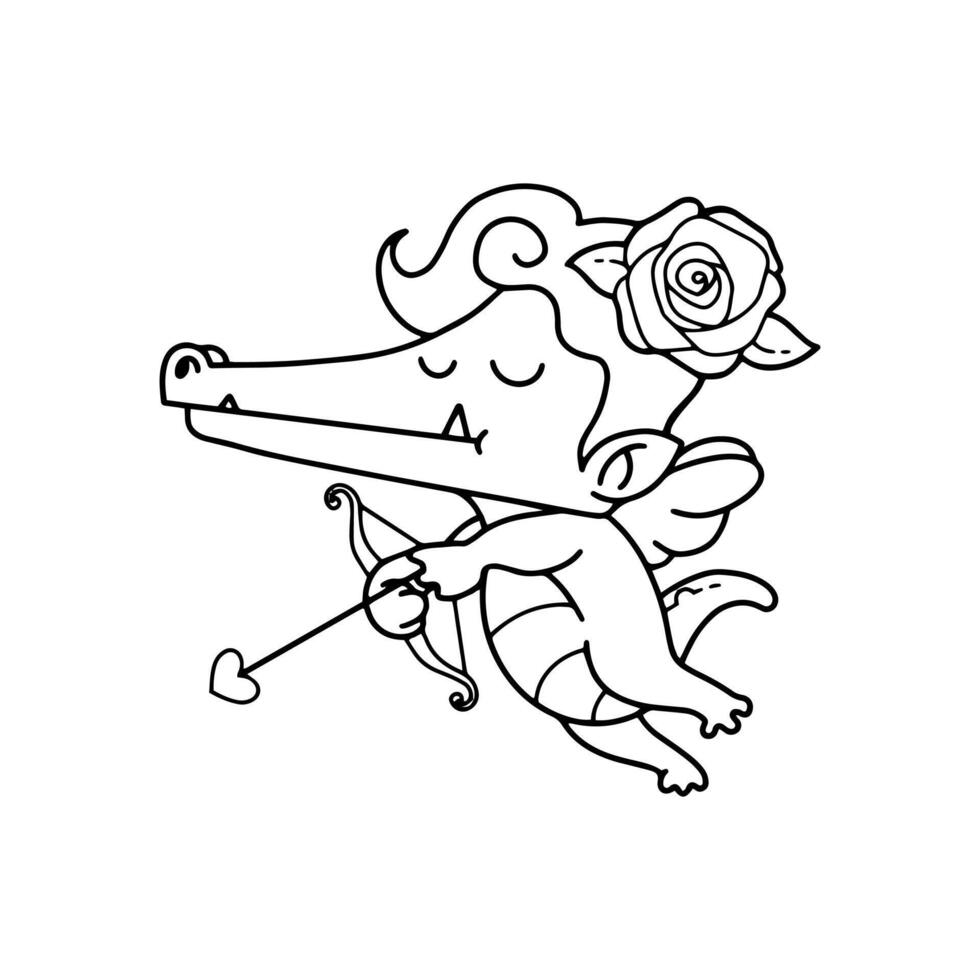 vector illustration of a crocodile cupid with arrow and bow, vector.
