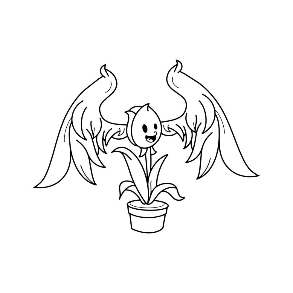 vintage style groovy cartoon character plant pot illustration. plant with wings. vector. isolated white background. vector