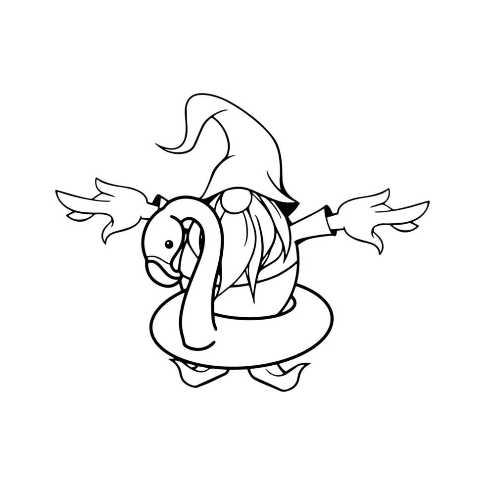 Hello Summer Cute Gnomes On Banner Design. Cartoon Illustration. Gnome summer cartoon characters dwarves vector linear art for printing greeting cards and coloring books. flamingo