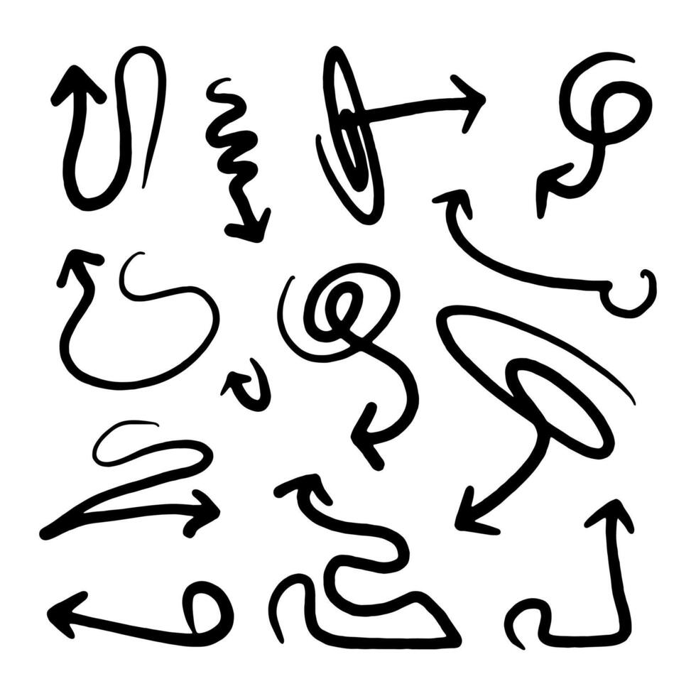 Collection hand drawn arrows. Set simple arrows isolated on white background. Arrow mark icons. Arrow paint - stock vector, Hand drawn freehand different curved lines, swirls arrows. Doodle vector