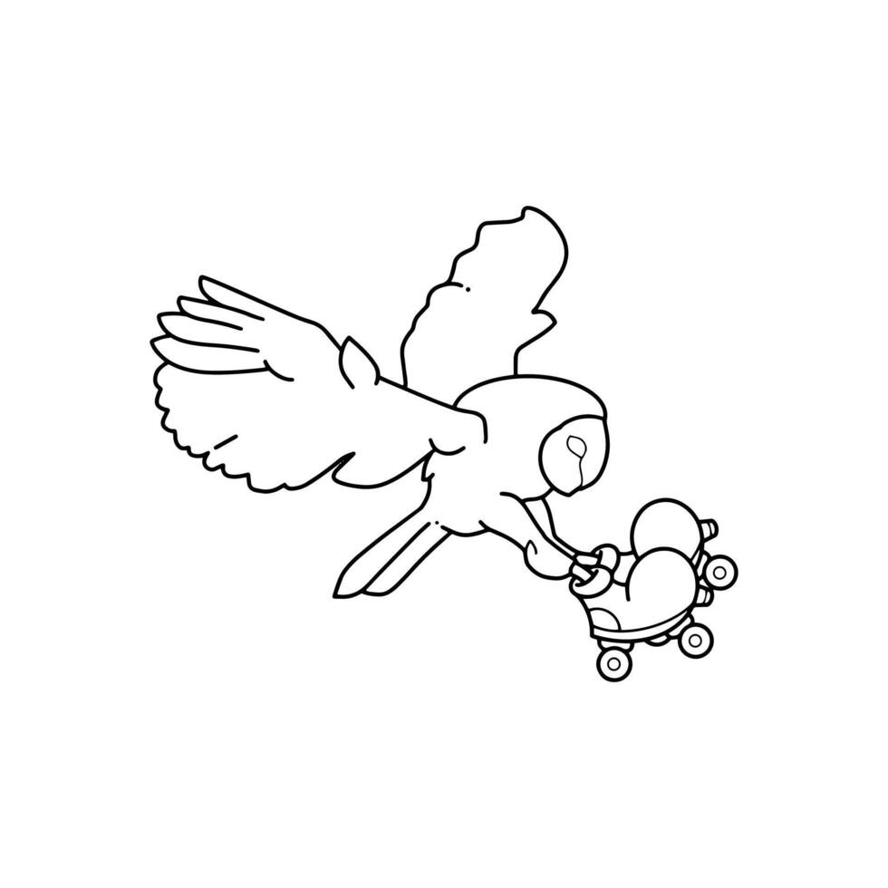 flying owl wearing roller skates. groovy character. vector. isolated white background vector